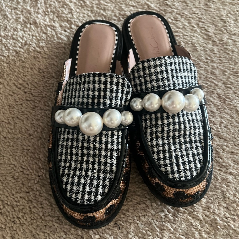 Betsey Johnson Black & White Houndstooth Pearl-Embellished Mules